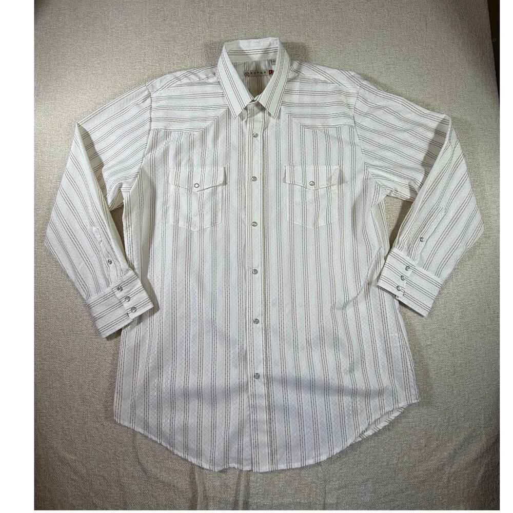 Roper Men's 2XL White Striped Pearl Snap Long Sleeve Western Cowboy Rodeo Shirt
